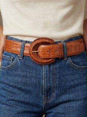 Vintage Fossil Women's 100% Leather Reptile Embossed Brown Leather Belt Sz M